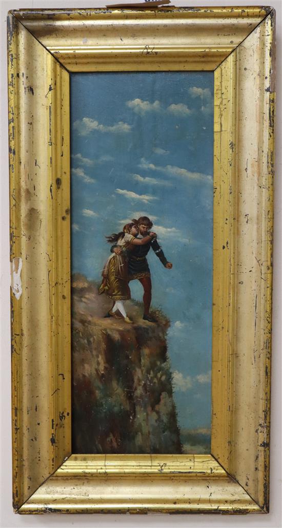 Late 19th century English School, oil on panel, Couple on a cliff top, monogrammed 43 x 16cm